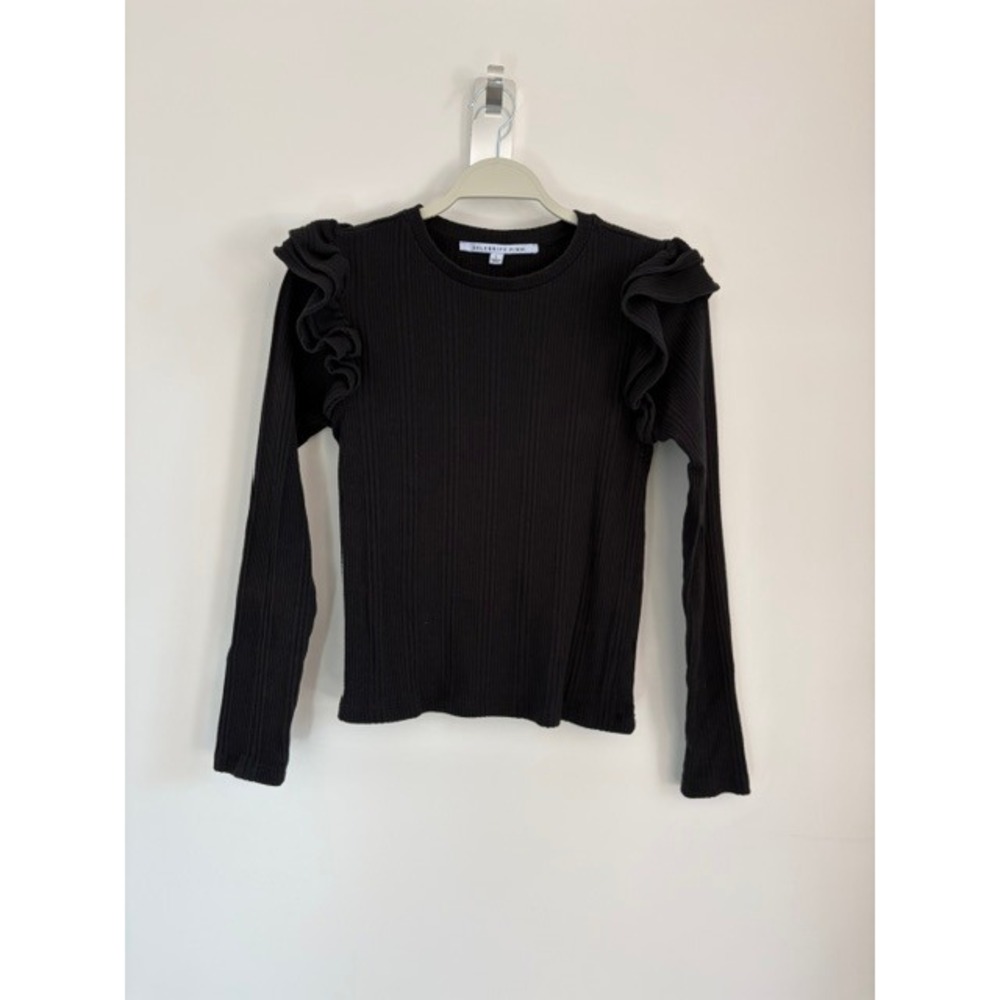 Celebrity Pink Womens Black Ribbed Long Sleeve Ruffle Shoulder‎ Top Size Large